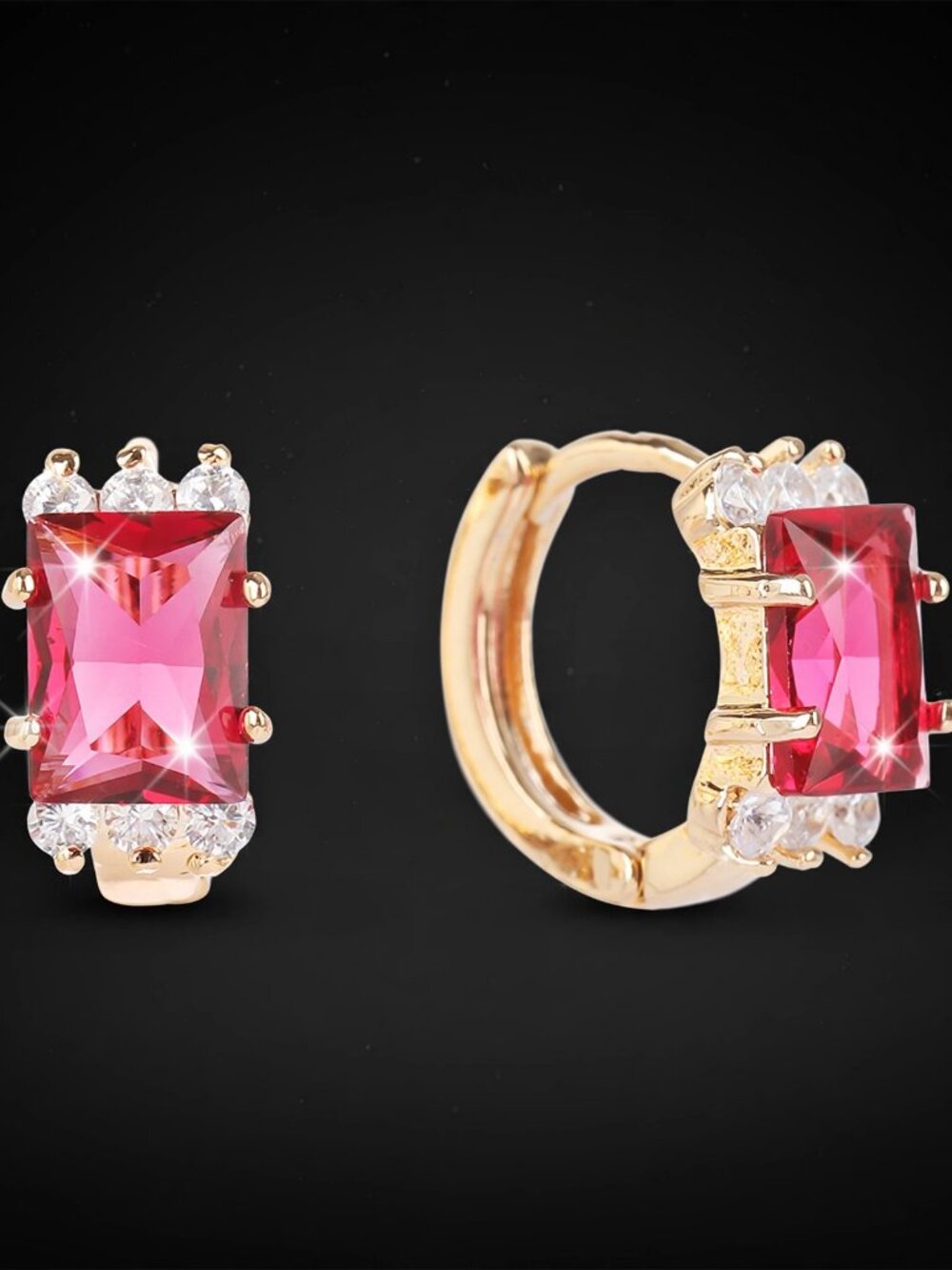 Red Zirconia Huggie Hoop Earrings Gold - Emerald Cut Crystal Stud Hoops